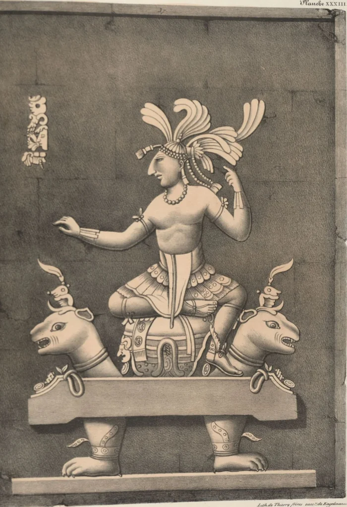 An illustration from Antiquités mexicaines : relation des trois expéditions du capitaine Dupaix, ordonnées en 1805, 1806, et 1807, pour la recherche des antiquités du pays, notamment celles de Mitla et de Palenque : [atlas] / accompagnée des dessins de Castañeda et d'une carte du pays exploré ; suivie d'un parallèle de ces monuments avec ceux de l'Égypte, de l'Indostan, et du reste de l'ancien monde, par M. Alexandre Lenoir, d'une dissertation sur l'origine de l'ancienne population des deux Amériques et sur les diverses antiquités de ce continent, par M. Warden, avec un discours préliminaire par M. Charles Farcy, et des notes explicatives, et autres documents, par MM. Baradère, de St. Priest, et plusieurs voyageurs que ont parcouru l'Amérique, 1834, leaf 140