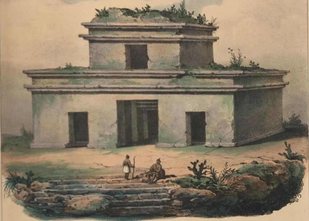 An illustration from Antiquités mexicaines : relation des trois expéditions du capitaine Dupaix, ordonnées en 1805, 1806, et 1807, pour la recherche des antiquités du pays, notamment celles de Mitla et de Palenque : [atlas] / accompagnée des dessins de Castañeda et d'une carte du pays exploré ; suivie d'un parallèle de ces monuments avec ceux de l'Égypte, de l'Indostan, et du reste de l'ancien monde, par M. Alexandre Lenoir, d'une dissertation sur l'origine de l'ancienne population des deux Amériques et sur les diverses antiquités de ce continent, par M. Warden, avec un discours préliminaire par M. Charles Farcy, et des notes explicatives, et autres documents, par MM. Baradère, de St. Priest, et plusieurs voyageurs que ont parcouru l'Amérique, 1834, leaf 141