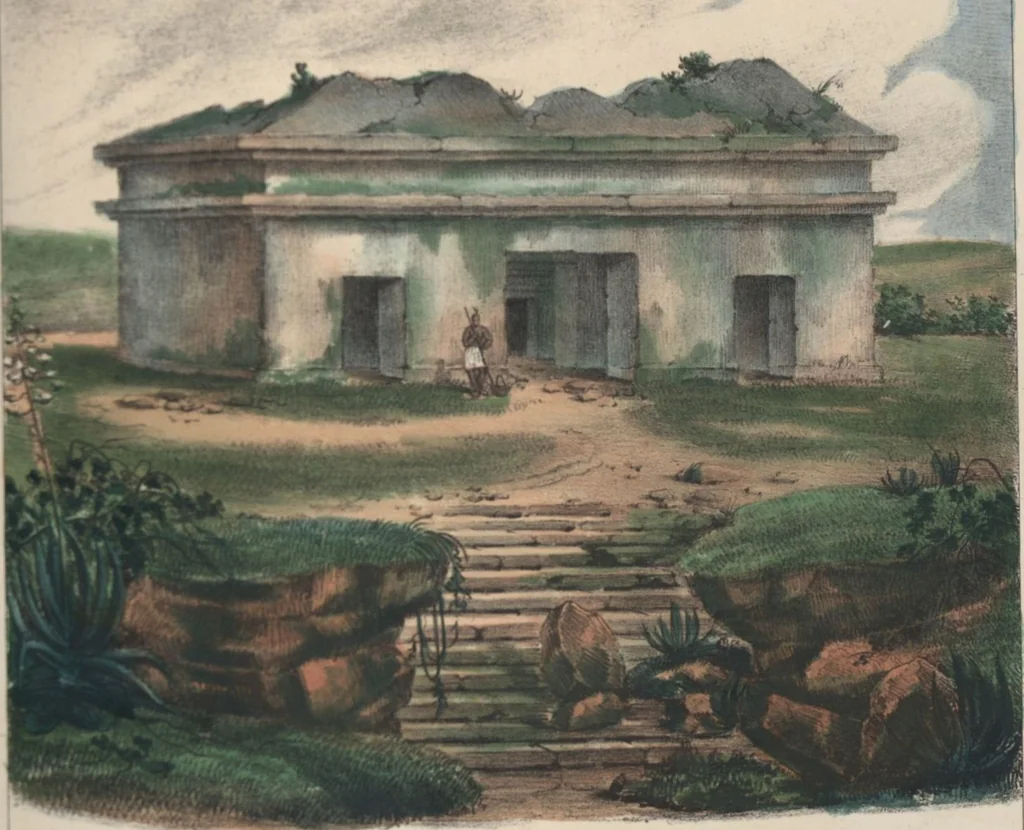 An illustration from Antiquités mexicaines : relation des trois expéditions du capitaine Dupaix, ordonnées en 1805, 1806, et 1807, pour la recherche des antiquités du pays, notamment celles de Mitla et de Palenque : [atlas] / accompagnée des dessins de Castañeda et d'une carte du pays exploré ; suivie d'un parallèle de ces monuments avec ceux de l'Égypte, de l'Indostan, et du reste de l'ancien monde, par M. Alexandre Lenoir, d'une dissertation sur l'origine de l'ancienne population des deux Amériques et sur les diverses antiquités de ce continent, par M. Warden, avec un discours préliminaire par M. Charles Farcy, et des notes explicatives, et autres documents, par MM. Baradère, de St. Priest, et plusieurs voyageurs que ont parcouru l'Amérique, 1834, leaf 142