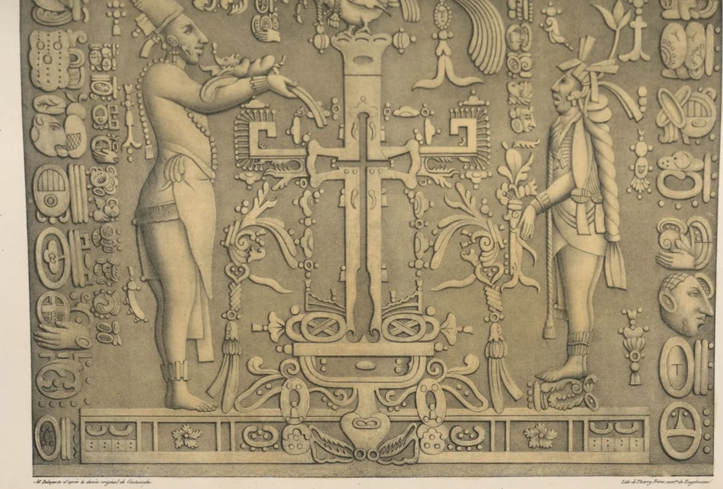 An illustration from Antiquités mexicaines : relation des trois expéditions du capitaine Dupaix, ordonnées en 1805, 1806, et 1807, pour la recherche des antiquités du pays, notamment celles de Mitla et de Palenque : [atlas] / accompagnée des dessins de Castañeda et d'une carte du pays exploré ; suivie d'un parallèle de ces monuments avec ceux de l'Égypte, de l'Indostan, et du reste de l'ancien monde, par M. Alexandre Lenoir, d'une dissertation sur l'origine de l'ancienne population des deux Amériques et sur les diverses antiquités de ce continent, par M. Warden, avec un discours préliminaire par M. Charles Farcy, et des notes explicatives, et autres documents, par MM. Baradère, de St. Priest, et plusieurs voyageurs que ont parcouru l'Amérique, 1834, leaf 143
