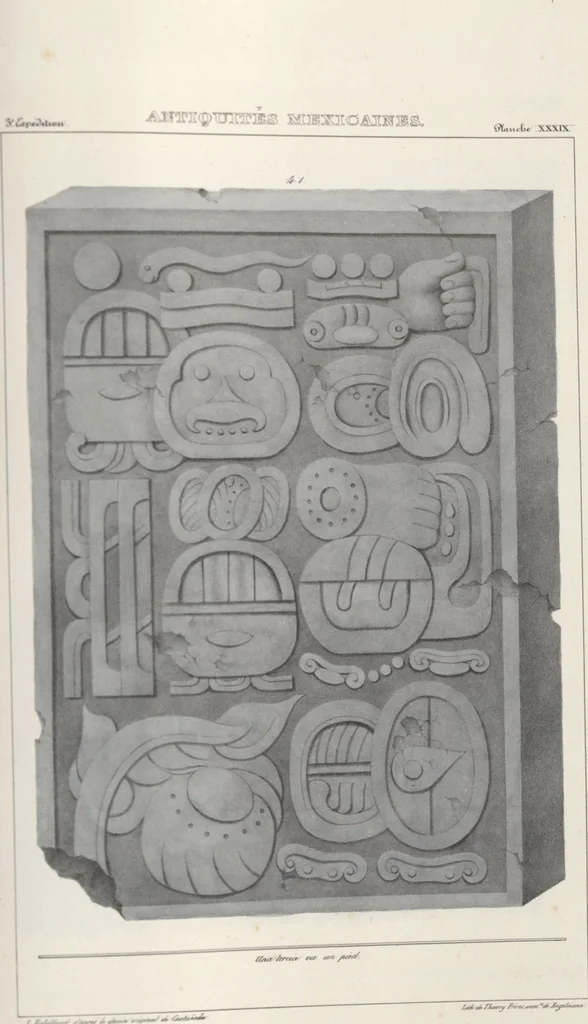 An illustration from Antiquités mexicaines : relation des trois expéditions du capitaine Dupaix, ordonnées en 1805, 1806, et 1807, pour la recherche des antiquités du pays, notamment celles de Mitla et de Palenque : [atlas] / accompagnée des dessins de Castañeda et d'une carte du pays exploré ; suivie d'un parallèle de ces monuments avec ceux de l'Égypte, de l'Indostan, et du reste de l'ancien monde, par M. Alexandre Lenoir, d'une dissertation sur l'origine de l'ancienne population des deux Amériques et sur les diverses antiquités de ce continent, par M. Warden, avec un discours préliminaire par M. Charles Farcy, et des notes explicatives, et autres documents, par MM. Baradère, de St. Priest, et plusieurs voyageurs que ont parcouru l'Amérique, 1834, leaf 146