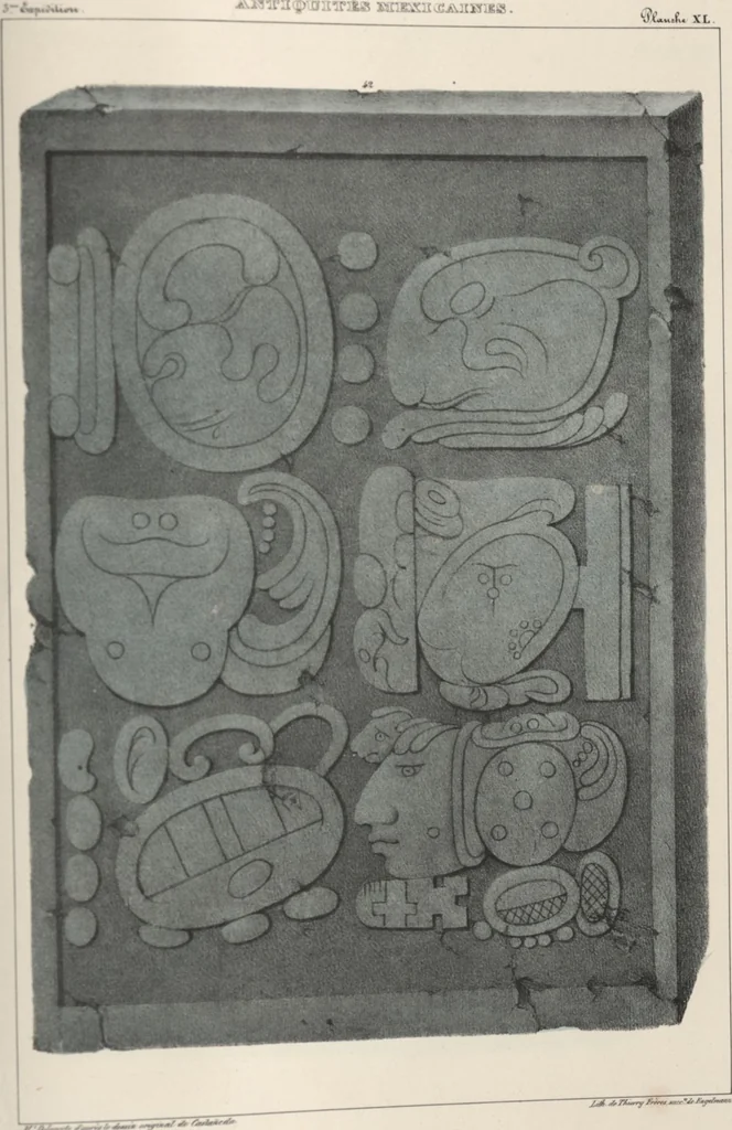 An illustration from Antiquités mexicaines : relation des trois expéditions du capitaine Dupaix, ordonnées en 1805, 1806, et 1807, pour la recherche des antiquités du pays, notamment celles de Mitla et de Palenque : [atlas] / accompagnée des dessins de Castañeda et d'une carte du pays exploré ; suivie d'un parallèle de ces monuments avec ceux de l'Égypte, de l'Indostan, et du reste de l'ancien monde, par M. Alexandre Lenoir, d'une dissertation sur l'origine de l'ancienne population des deux Amériques et sur les diverses antiquités de ce continent, par M. Warden, avec un discours préliminaire par M. Charles Farcy, et des notes explicatives, et autres documents, par MM. Baradère, de St. Priest, et plusieurs voyageurs que ont parcouru l'Amérique, 1834, leaf 147