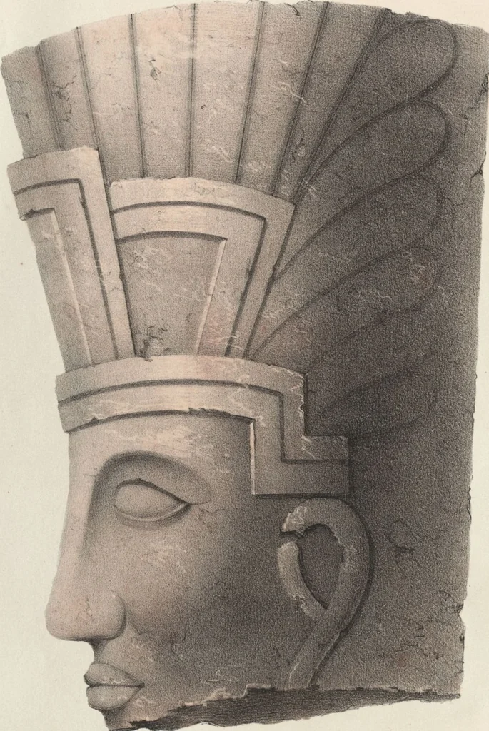 An illustration from Antiquités mexicaines : relation des trois expéditions du capitaine Dupaix, ordonnées en 1805, 1806, et 1807, pour la recherche des antiquités du pays, notamment celles de Mitla et de Palenque : [atlas] / accompagnée des dessins de Castañeda et d'une carte du pays exploré ; suivie d'un parallèle de ces monuments avec ceux de l'Égypte, de l'Indostan, et du reste de l'ancien monde, par M. Alexandre Lenoir, d'une dissertation sur l'origine de l'ancienne population des deux Amériques et sur les diverses antiquités de ce continent, par M. Warden, avec un discours préliminaire par M. Charles Farcy, et des notes explicatives, et autres documents, par MM. Baradère, de St. Priest, et plusieurs voyageurs que ont parcouru l'Amérique, 1834, leaf 15