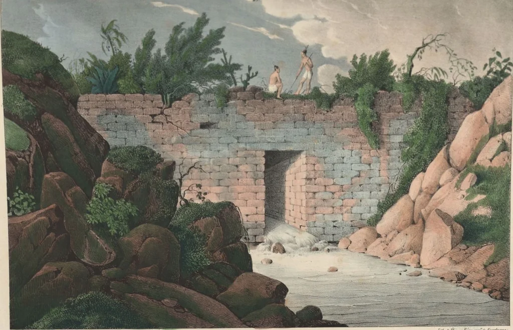 An illustration from Antiquités mexicaines : relation des trois expéditions du capitaine Dupaix, ordonnées en 1805, 1806, et 1807, pour la recherche des antiquités du pays, notamment celles de Mitla et de Palenque : [atlas] / accompagnée des dessins de Castañeda et d'une carte du pays exploré ; suivie d'un parallèle de ces monuments avec ceux de l'Égypte, de l'Indostan, et du reste de l'ancien monde, par M. Alexandre Lenoir, d'une dissertation sur l'origine de l'ancienne population des deux Amériques et sur les diverses antiquités de ce continent, par M. Warden, avec un discours préliminaire par M. Charles Farcy, et des notes explicatives, et autres documents, par MM. Baradère, de St. Priest, et plusieurs voyageurs que ont parcouru l'Amérique, 1834, leaf 151