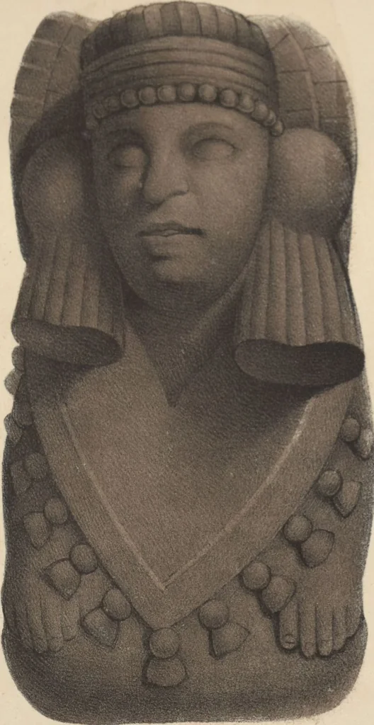 An illustration from Antiquités mexicaines : relation des trois expéditions du capitaine Dupaix, ordonnées en 1805, 1806, et 1807, pour la recherche des antiquités du pays, notamment celles de Mitla et de Palenque : [atlas] / accompagnée des dessins de Castañeda et d'une carte du pays exploré ; suivie d'un parallèle de ces monuments avec ceux de l'Égypte, de l'Indostan, et du reste de l'ancien monde, par M. Alexandre Lenoir, d'une dissertation sur l'origine de l'ancienne population des deux Amériques et sur les diverses antiquités de ce continent, par M. Warden, avec un discours préliminaire par M. Charles Farcy, et des notes explicatives, et autres documents, par MM. Baradère, de St. Priest, et plusieurs voyageurs que ont parcouru l'Amérique, 1834, leaf 154