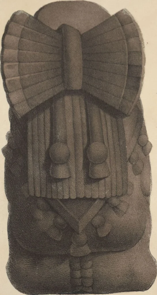 An illustration from Antiquités mexicaines : relation des trois expéditions du capitaine Dupaix, ordonnées en 1805, 1806, et 1807, pour la recherche des antiquités du pays, notamment celles de Mitla et de Palenque : [atlas] / accompagnée des dessins de Castañeda et d'une carte du pays exploré ; suivie d'un parallèle de ces monuments avec ceux de l'Égypte, de l'Indostan, et du reste de l'ancien monde, par M. Alexandre Lenoir, d'une dissertation sur l'origine de l'ancienne population des deux Amériques et sur les diverses antiquités de ce continent, par M. Warden, avec un discours préliminaire par M. Charles Farcy, et des notes explicatives, et autres documents, par MM. Baradère, de St. Priest, et plusieurs voyageurs que ont parcouru l'Amérique, 1834, leaf 154