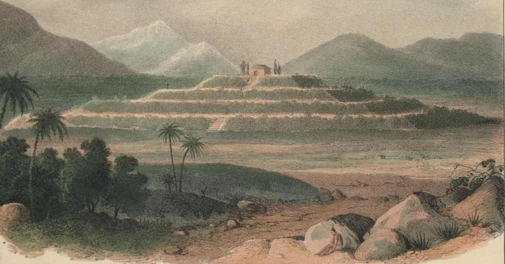 An illustration from Antiquités mexicaines : relation des trois expéditions du capitaine Dupaix, ordonnées en 1805, 1806, et 1807, pour la recherche des antiquités du pays, notamment celles de Mitla et de Palenque : [atlas] / accompagnée des dessins de Castañeda et d'une carte du pays exploré ; suivie d'un parallèle de ces monuments avec ceux de l'Égypte, de l'Indostan, et du reste de l'ancien monde, par M. Alexandre Lenoir, d'une dissertation sur l'origine de l'ancienne population des deux Amériques et sur les diverses antiquités de ce continent, par M. Warden, avec un discours préliminaire par M. Charles Farcy, et des notes explicatives, et autres documents, par MM. Baradère, de St. Priest, et plusieurs voyageurs que ont parcouru l'Amérique, 1834, leaf 155