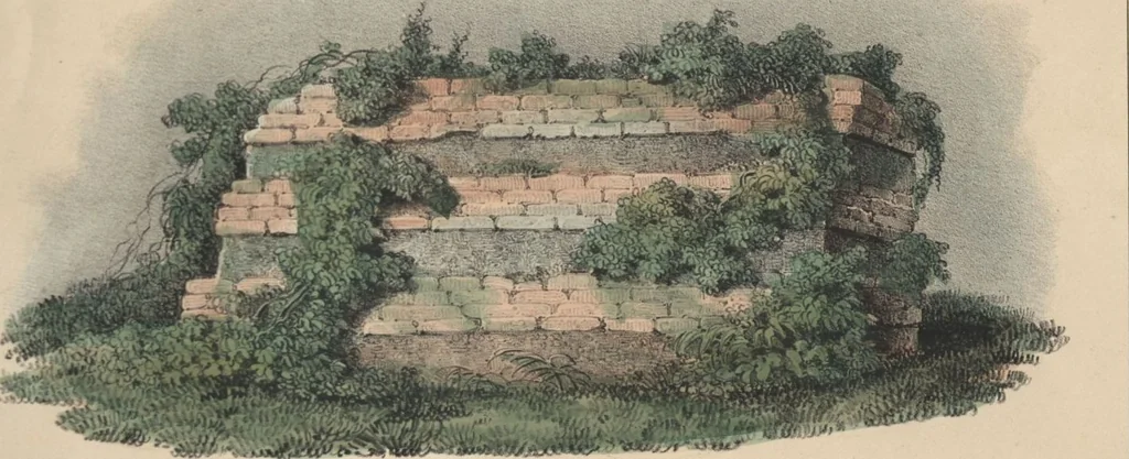 An illustration from Antiquités mexicaines : relation des trois expéditions du capitaine Dupaix, ordonnées en 1805, 1806, et 1807, pour la recherche des antiquités du pays, notamment celles de Mitla et de Palenque : [atlas] / accompagnée des dessins de Castañeda et d'une carte du pays exploré ; suivie d'un parallèle de ces monuments avec ceux de l'Égypte, de l'Indostan, et du reste de l'ancien monde, par M. Alexandre Lenoir, d'une dissertation sur l'origine de l'ancienne population des deux Amériques et sur les diverses antiquités de ce continent, par M. Warden, avec un discours préliminaire par M. Charles Farcy, et des notes explicatives, et autres documents, par MM. Baradère, de St. Priest, et plusieurs voyageurs que ont parcouru l'Amérique, 1834, leaf 155