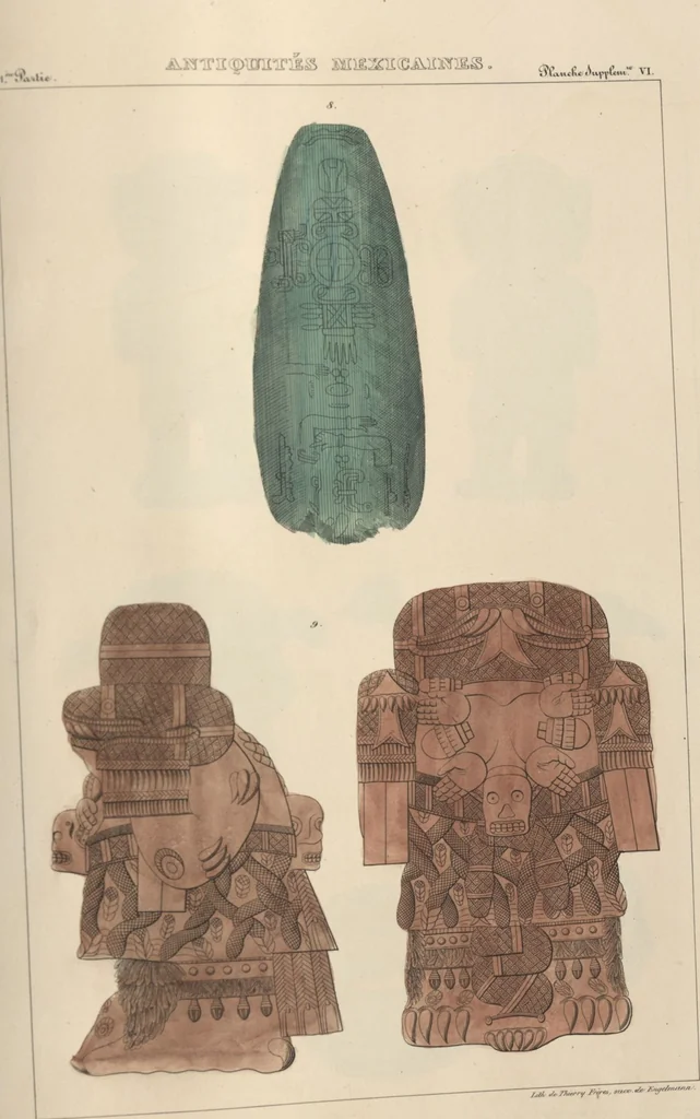 An illustration from Antiquités mexicaines : relation des trois expéditions du capitaine Dupaix, ordonnées en 1805, 1806, et 1807, pour la recherche des antiquités du pays, notamment celles de Mitla et de Palenque : [atlas] / accompagnée des dessins de Castañeda et d'une carte du pays exploré ; suivie d'un parallèle de ces monuments avec ceux de l'Égypte, de l'Indostan, et du reste de l'ancien monde, par M. Alexandre Lenoir, d'une dissertation sur l'origine de l'ancienne population des deux Amériques et sur les diverses antiquités de ce continent, par M. Warden, avec un discours préliminaire par M. Charles Farcy, et des notes explicatives, et autres documents, par MM. Baradère, de St. Priest, et plusieurs voyageurs que ont parcouru l'Amérique, 1834, leaf 159