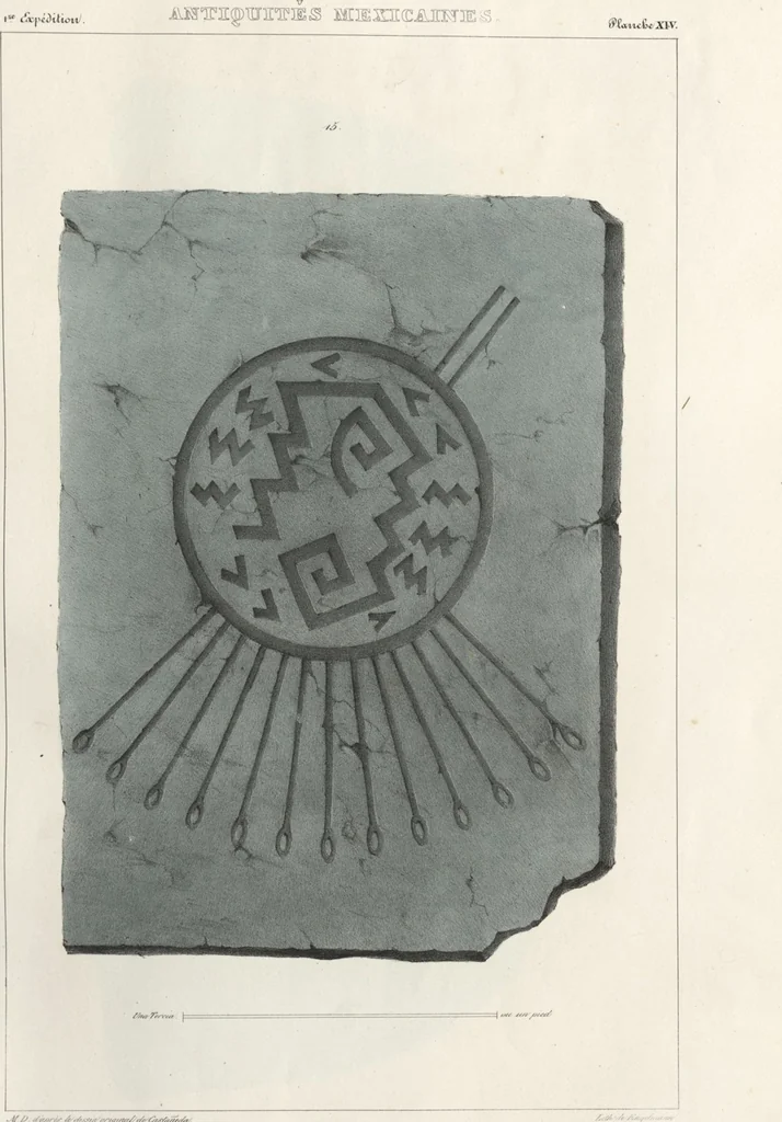 An illustration from Antiquités mexicaines : relation des trois expéditions du capitaine Dupaix, ordonnées en 1805, 1806, et 1807, pour la recherche des antiquités du pays, notamment celles de Mitla et de Palenque : [atlas] / accompagnée des dessins de Castañeda et d'une carte du pays exploré ; suivie d'un parallèle de ces monuments avec ceux de l'Égypte, de l'Indostan, et du reste de l'ancien monde, par M. Alexandre Lenoir, d'une dissertation sur l'origine de l'ancienne population des deux Amériques et sur les diverses antiquités de ce continent, par M. Warden, avec un discours préliminaire par M. Charles Farcy, et des notes explicatives, et autres documents, par MM. Baradère, de St. Priest, et plusieurs voyageurs que ont parcouru l'Amérique, 1834, leaf 16