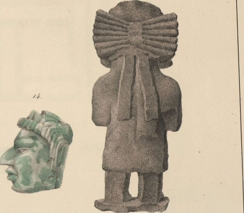 An illustration from Antiquités mexicaines : relation des trois expéditions du capitaine Dupaix, ordonnées en 1805, 1806, et 1807, pour la recherche des antiquités du pays, notamment celles de Mitla et de Palenque : [atlas] / accompagnée des dessins de Castañeda et d'une carte du pays exploré ; suivie d'un parallèle de ces monuments avec ceux de l'Égypte, de l'Indostan, et du reste de l'ancien monde, par M. Alexandre Lenoir, d'une dissertation sur l'origine de l'ancienne population des deux Amériques et sur les diverses antiquités de ce continent, par M. Warden, avec un discours préliminaire par M. Charles Farcy, et des notes explicatives, et autres documents, par MM. Baradère, de St. Priest, et plusieurs voyageurs que ont parcouru l'Amérique, 1834, leaf 160