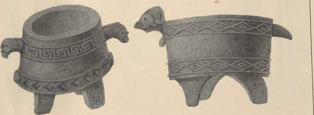 An illustration from Antiquités mexicaines : relation des trois expéditions du capitaine Dupaix, ordonnées en 1805, 1806, et 1807, pour la recherche des antiquités du pays, notamment celles de Mitla et de Palenque : [atlas] / accompagnée des dessins de Castañeda et d'une carte du pays exploré ; suivie d'un parallèle de ces monuments avec ceux de l'Égypte, de l'Indostan, et du reste de l'ancien monde, par M. Alexandre Lenoir, d'une dissertation sur l'origine de l'ancienne population des deux Amériques et sur les diverses antiquités de ce continent, par M. Warden, avec un discours préliminaire par M. Charles Farcy, et des notes explicatives, et autres documents, par MM. Baradère, de St. Priest, et plusieurs voyageurs que ont parcouru l'Amérique, 1834, leaf 160