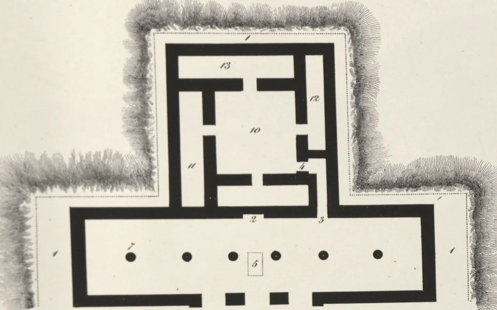An illustration from Antiquités mexicaines : relation des trois expéditions du capitaine Dupaix, ordonnées en 1805, 1806, et 1807, pour la recherche des antiquités du pays, notamment celles de Mitla et de Palenque : [atlas] / accompagnée des dessins de Castañeda et d'une carte du pays exploré ; suivie d'un parallèle de ces monuments avec ceux de l'Égypte, de l'Indostan, et du reste de l'ancien monde, par M. Alexandre Lenoir, d'une dissertation sur l'origine de l'ancienne population des deux Amériques et sur les diverses antiquités de ce continent, par M. Warden, avec un discours préliminaire par M. Charles Farcy, et des notes explicatives, et autres documents, par MM. Baradère, de St. Priest, et plusieurs voyageurs que ont parcouru l'Amérique, 1834, leaf 161
