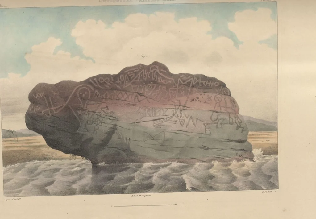An illustration from Antiquités mexicaines : relation des trois expéditions du capitaine Dupaix, ordonnées en 1805, 1806, et 1807, pour la recherche des antiquités du pays, notamment celles de Mitla et de Palenque : [atlas] / accompagnée des dessins de Castañeda et d'une carte du pays exploré ; suivie d'un parallèle de ces monuments avec ceux de l'Égypte, de l'Indostan, et du reste de l'ancien monde, par M. Alexandre Lenoir, d'une dissertation sur l'origine de l'ancienne population des deux Amériques et sur les diverses antiquités de ce continent, par M. Warden, avec un discours préliminaire par M. Charles Farcy, et des notes explicatives, et autres documents, par MM. Baradère, de St. Priest, et plusieurs voyageurs que ont parcouru l'Amérique, 1834, leaf 170