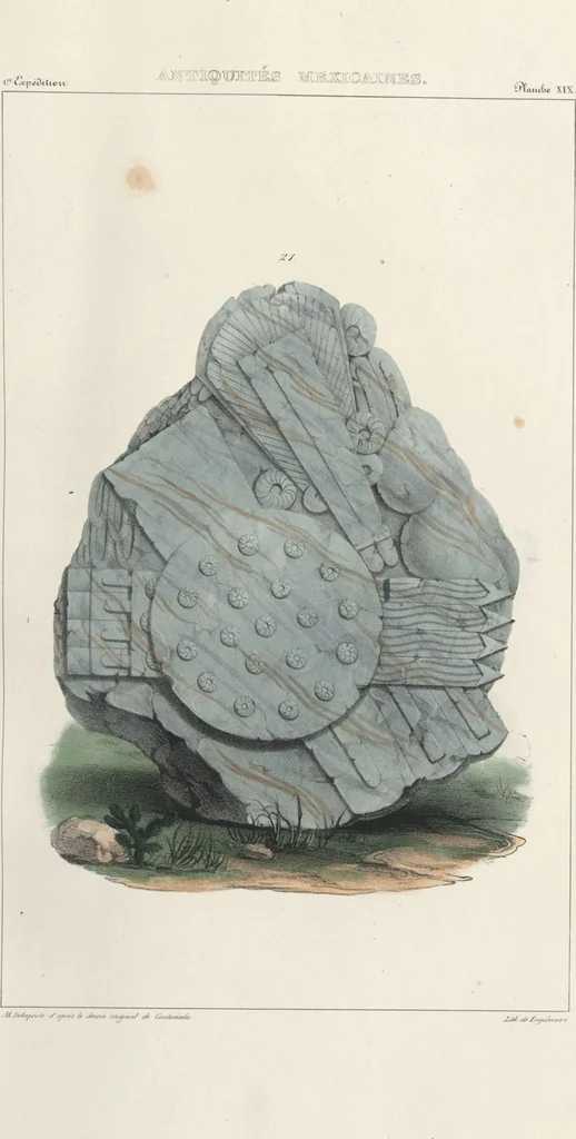 An illustration from Antiquités mexicaines : relation des trois expéditions du capitaine Dupaix, ordonnées en 1805, 1806, et 1807, pour la recherche des antiquités du pays, notamment celles de Mitla et de Palenque : [atlas] / accompagnée des dessins de Castañeda et d'une carte du pays exploré ; suivie d'un parallèle de ces monuments avec ceux de l'Égypte, de l'Indostan, et du reste de l'ancien monde, par M. Alexandre Lenoir, d'une dissertation sur l'origine de l'ancienne population des deux Amériques et sur les diverses antiquités de ce continent, par M. Warden, avec un discours préliminaire par M. Charles Farcy, et des notes explicatives, et autres documents, par MM. Baradère, de St. Priest, et plusieurs voyageurs que ont parcouru l'Amérique, 1834, leaf 21
