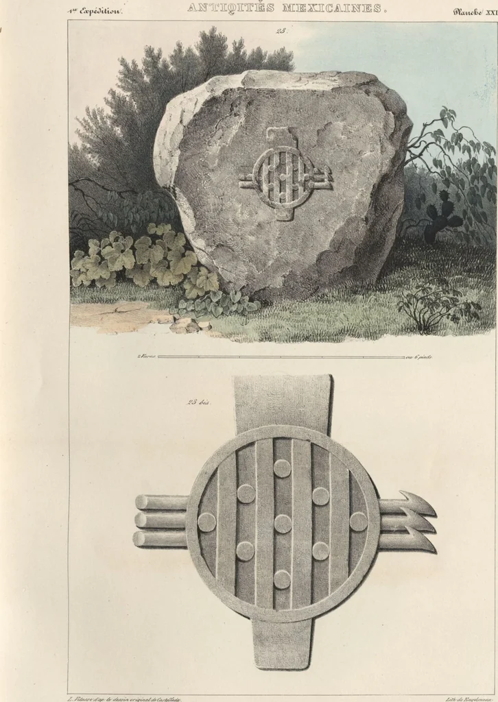 An illustration from Antiquités mexicaines : relation des trois expéditions du capitaine Dupaix, ordonnées en 1805, 1806, et 1807, pour la recherche des antiquités du pays, notamment celles de Mitla et de Palenque : [atlas] / accompagnée des dessins de Castañeda et d'une carte du pays exploré ; suivie d'un parallèle de ces monuments avec ceux de l'Égypte, de l'Indostan, et du reste de l'ancien monde, par M. Alexandre Lenoir, d'une dissertation sur l'origine de l'ancienne population des deux Amériques et sur les diverses antiquités de ce continent, par M. Warden, avec un discours préliminaire par M. Charles Farcy, et des notes explicatives, et autres documents, par MM. Baradère, de St. Priest, et plusieurs voyageurs que ont parcouru l'Amérique, 1834, leaf 23