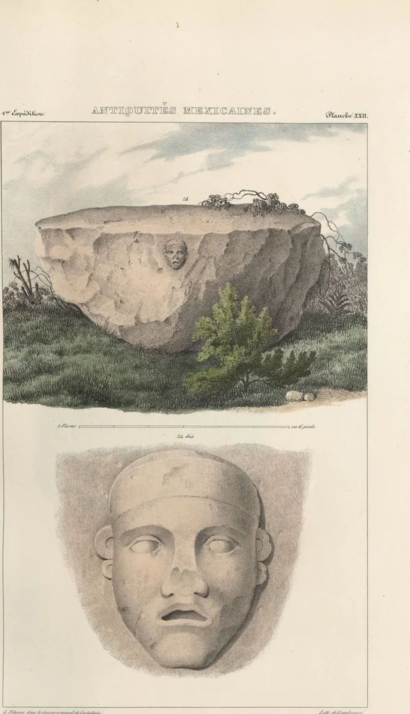 An illustration from Antiquités mexicaines : relation des trois expéditions du capitaine Dupaix, ordonnées en 1805, 1806, et 1807, pour la recherche des antiquités du pays, notamment celles de Mitla et de Palenque : [atlas] / accompagnée des dessins de Castañeda et d'une carte du pays exploré ; suivie d'un parallèle de ces monuments avec ceux de l'Égypte, de l'Indostan, et du reste de l'ancien monde, par M. Alexandre Lenoir, d'une dissertation sur l'origine de l'ancienne population des deux Amériques et sur les diverses antiquités de ce continent, par M. Warden, avec un discours préliminaire par M. Charles Farcy, et des notes explicatives, et autres documents, par MM. Baradère, de St. Priest, et plusieurs voyageurs que ont parcouru l'Amérique, 1834, leaf 24