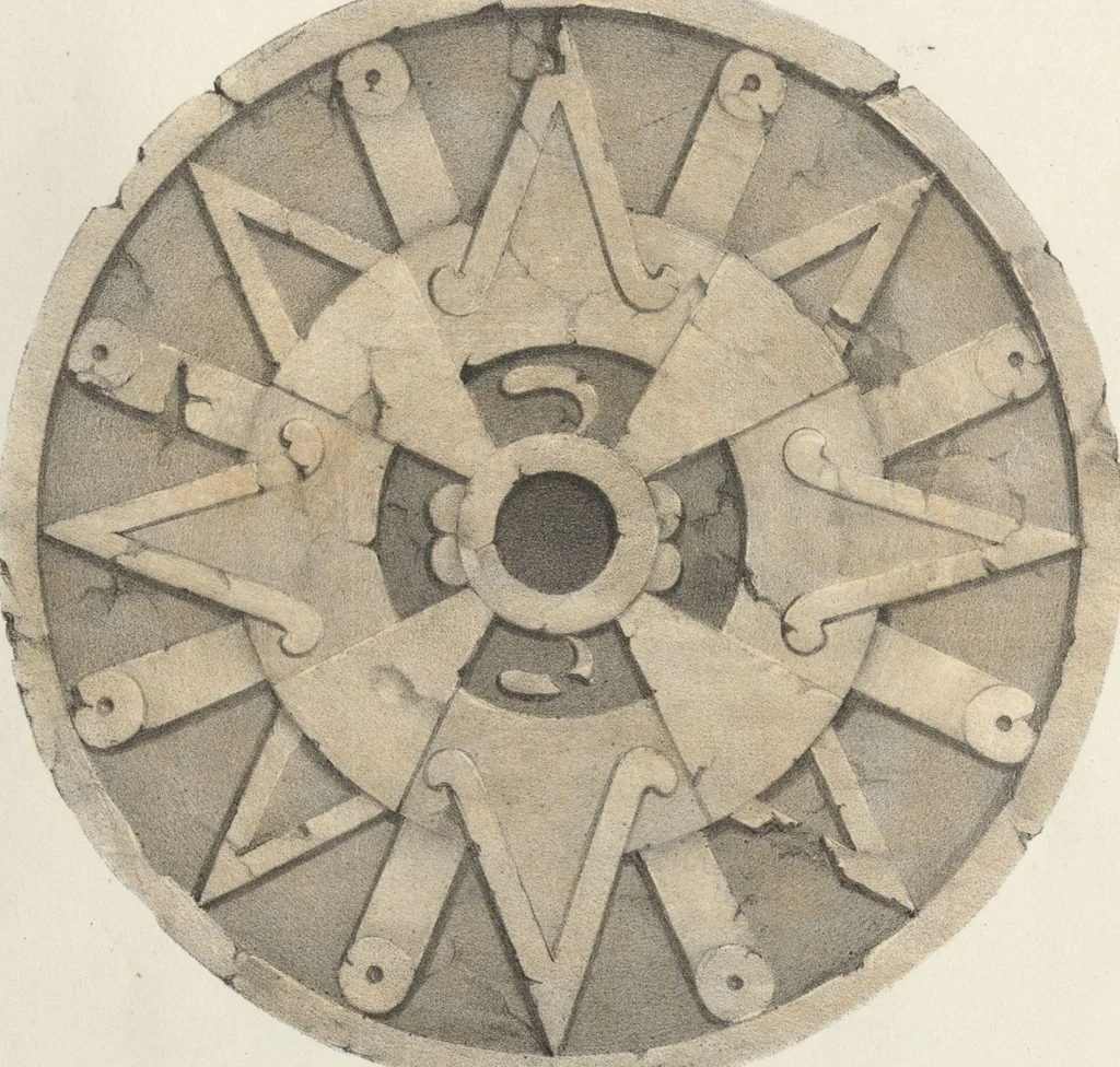 An illustration from Antiquités mexicaines : relation des trois expéditions du capitaine Dupaix, ordonnées en 1805, 1806, et 1807, pour la recherche des antiquités du pays, notamment celles de Mitla et de Palenque : [atlas] / accompagnée des dessins de Castañeda et d'une carte du pays exploré ; suivie d'un parallèle de ces monuments avec ceux de l'Égypte, de l'Indostan, et du reste de l'ancien monde, par M. Alexandre Lenoir, d'une dissertation sur l'origine de l'ancienne population des deux Amériques et sur les diverses antiquités de ce continent, par M. Warden, avec un discours préliminaire par M. Charles Farcy, et des notes explicatives, et autres documents, par MM. Baradère, de St. Priest, et plusieurs voyageurs que ont parcouru l'Amérique, 1834, leaf 28