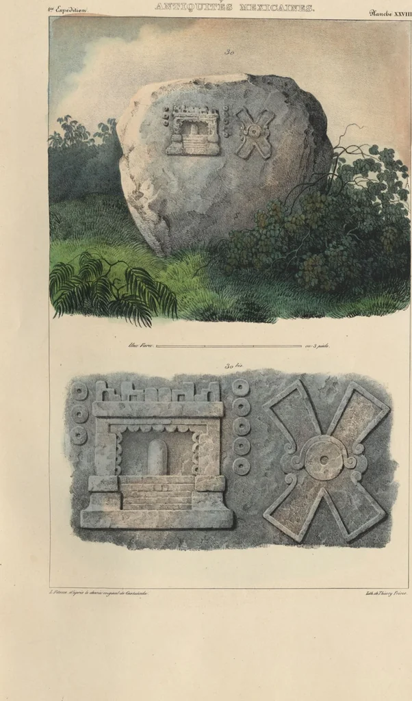 An illustration from Antiquités mexicaines : relation des trois expéditions du capitaine Dupaix, ordonnées en 1805, 1806, et 1807, pour la recherche des antiquités du pays, notamment celles de Mitla et de Palenque : [atlas] / accompagnée des dessins de Castañeda et d'une carte du pays exploré ; suivie d'un parallèle de ces monuments avec ceux de l'Égypte, de l'Indostan, et du reste de l'ancien monde, par M. Alexandre Lenoir, d'une dissertation sur l'origine de l'ancienne population des deux Amériques et sur les diverses antiquités de ce continent, par M. Warden, avec un discours préliminaire par M. Charles Farcy, et des notes explicatives, et autres documents, par MM. Baradère, de St. Priest, et plusieurs voyageurs que ont parcouru l'Amérique, 1834, leaf 30