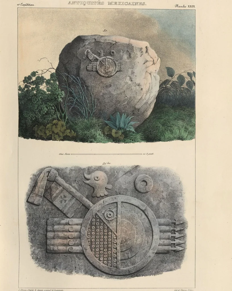 An illustration from Antiquités mexicaines : relation des trois expéditions du capitaine Dupaix, ordonnées en 1805, 1806, et 1807, pour la recherche des antiquités du pays, notamment celles de Mitla et de Palenque : [atlas] / accompagnée des dessins de Castañeda et d'une carte du pays exploré ; suivie d'un parallèle de ces monuments avec ceux de l'Égypte, de l'Indostan, et du reste de l'ancien monde, par M. Alexandre Lenoir, d'une dissertation sur l'origine de l'ancienne population des deux Amériques et sur les diverses antiquités de ce continent, par M. Warden, avec un discours préliminaire par M. Charles Farcy, et des notes explicatives, et autres documents, par MM. Baradère, de St. Priest, et plusieurs voyageurs que ont parcouru l'Amérique, 1834, leaf 31