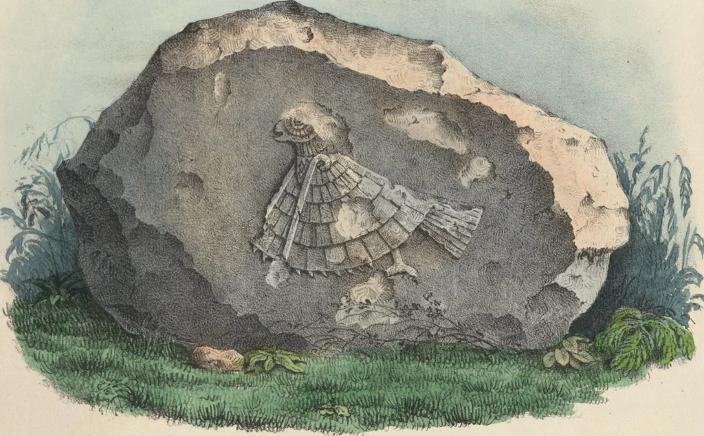 An illustration from Antiquités mexicaines : relation des trois expéditions du capitaine Dupaix, ordonnées en 1805, 1806, et 1807, pour la recherche des antiquités du pays, notamment celles de Mitla et de Palenque : [atlas] / accompagnée des dessins de Castañeda et d'une carte du pays exploré ; suivie d'un parallèle de ces monuments avec ceux de l'Égypte, de l'Indostan, et du reste de l'ancien monde, par M. Alexandre Lenoir, d'une dissertation sur l'origine de l'ancienne population des deux Amériques et sur les diverses antiquités de ce continent, par M. Warden, avec un discours préliminaire par M. Charles Farcy, et des notes explicatives, et autres documents, par MM. Baradère, de St. Priest, et plusieurs voyageurs que ont parcouru l'Amérique, 1834, leaf 32