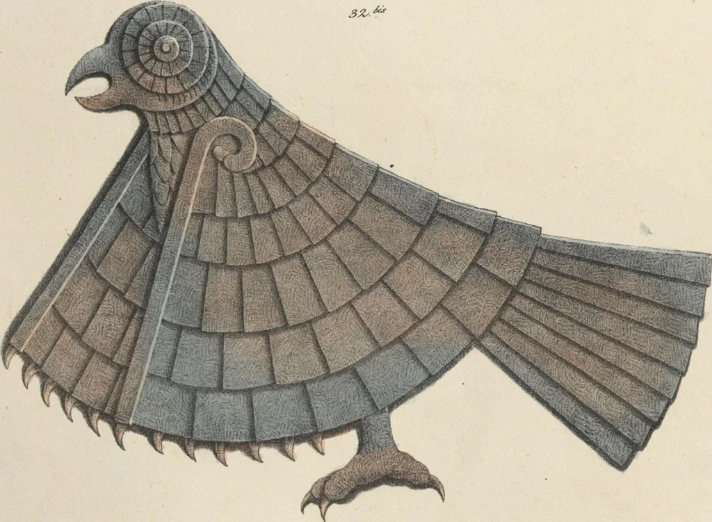 An illustration from Antiquités mexicaines : relation des trois expéditions du capitaine Dupaix, ordonnées en 1805, 1806, et 1807, pour la recherche des antiquités du pays, notamment celles de Mitla et de Palenque : [atlas] / accompagnée des dessins de Castañeda et d'une carte du pays exploré ; suivie d'un parallèle de ces monuments avec ceux de l'Égypte, de l'Indostan, et du reste de l'ancien monde, par M. Alexandre Lenoir, d'une dissertation sur l'origine de l'ancienne population des deux Amériques et sur les diverses antiquités de ce continent, par M. Warden, avec un discours préliminaire par M. Charles Farcy, et des notes explicatives, et autres documents, par MM. Baradère, de St. Priest, et plusieurs voyageurs que ont parcouru l'Amérique, 1834, leaf 32