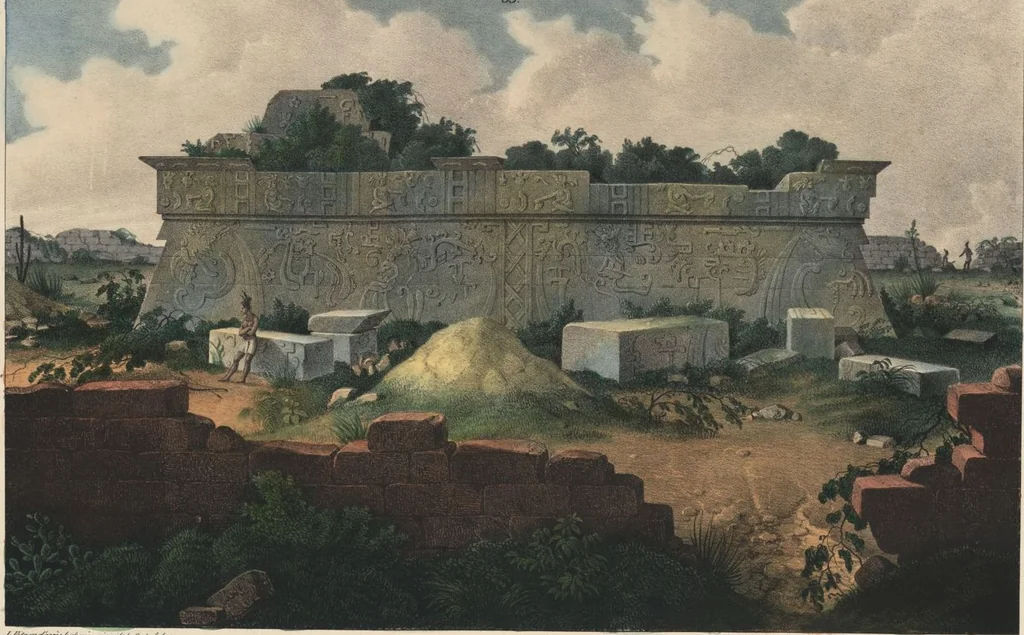 An illustration from Antiquités mexicaines : relation des trois expéditions du capitaine Dupaix, ordonnées en 1805, 1806, et 1807, pour la recherche des antiquités du pays, notamment celles de Mitla et de Palenque : [atlas] / accompagnée des dessins de Castañeda et d'une carte du pays exploré ; suivie d'un parallèle de ces monuments avec ceux de l'Égypte, de l'Indostan, et du reste de l'ancien monde, par M. Alexandre Lenoir, d'une dissertation sur l'origine de l'ancienne population des deux Amériques et sur les diverses antiquités de ce continent, par M. Warden, avec un discours préliminaire par M. Charles Farcy, et des notes explicatives, et autres documents, par MM. Baradère, de St. Priest, et plusieurs voyageurs que ont parcouru l'Amérique, 1834, leaf 33