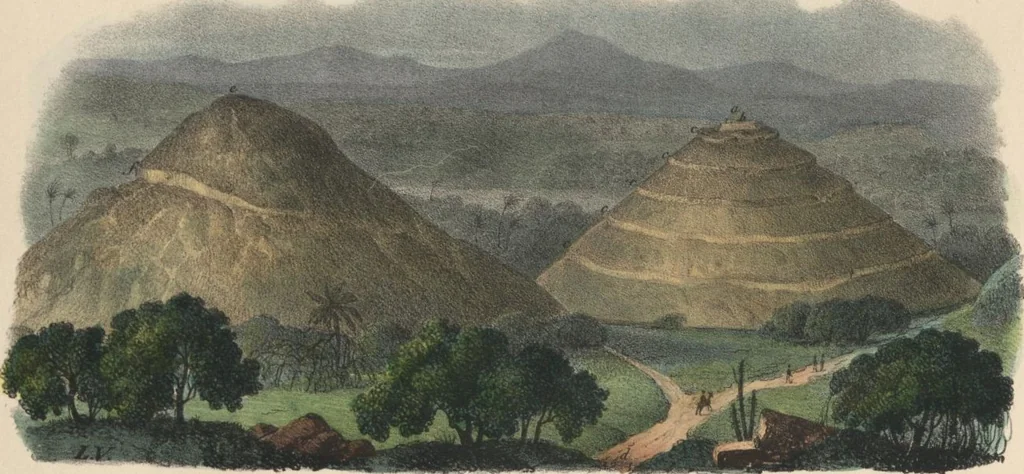 An illustration from Antiquités mexicaines : relation des trois expéditions du capitaine Dupaix, ordonnées en 1805, 1806, et 1807, pour la recherche des antiquités du pays, notamment celles de Mitla et de Palenque : [atlas] / accompagnée des dessins de Castañeda et d'une carte du pays exploré ; suivie d'un parallèle de ces monuments avec ceux de l'Égypte, de l'Indostan, et du reste de l'ancien monde, par M. Alexandre Lenoir, d'une dissertation sur l'origine de l'ancienne population des deux Amériques et sur les diverses antiquités de ce continent, par M. Warden, avec un discours préliminaire par M. Charles Farcy, et des notes explicatives, et autres documents, par MM. Baradère, de St. Priest, et plusieurs voyageurs que ont parcouru l'Amérique, 1834, leaf 34