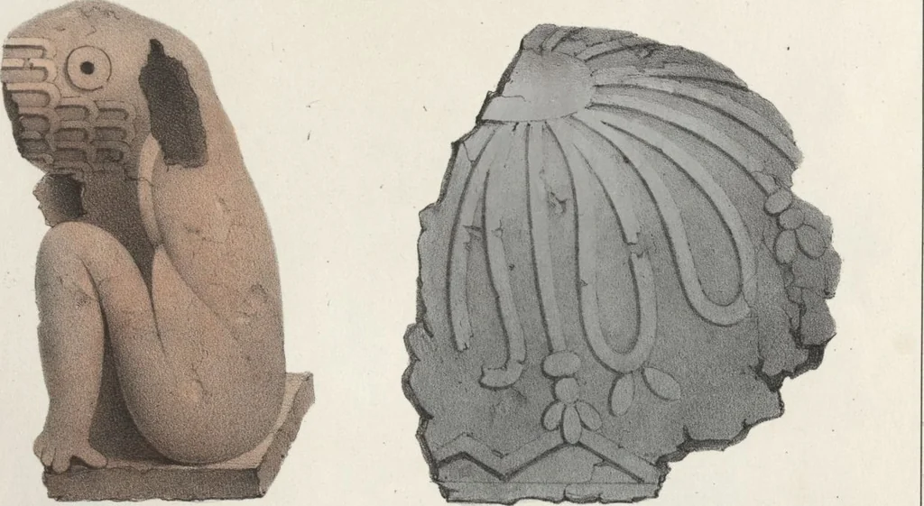 An illustration from Antiquités mexicaines : relation des trois expéditions du capitaine Dupaix, ordonnées en 1805, 1806, et 1807, pour la recherche des antiquités du pays, notamment celles de Mitla et de Palenque : [atlas] / accompagnée des dessins de Castañeda et d'une carte du pays exploré ; suivie d'un parallèle de ces monuments avec ceux de l'Égypte, de l'Indostan, et du reste de l'ancien monde, par M. Alexandre Lenoir, d'une dissertation sur l'origine de l'ancienne population des deux Amériques et sur les diverses antiquités de ce continent, par M. Warden, avec un discours préliminaire par M. Charles Farcy, et des notes explicatives, et autres documents, par MM. Baradère, de St. Priest, et plusieurs voyageurs que ont parcouru l'Amérique, 1834, leaf 37