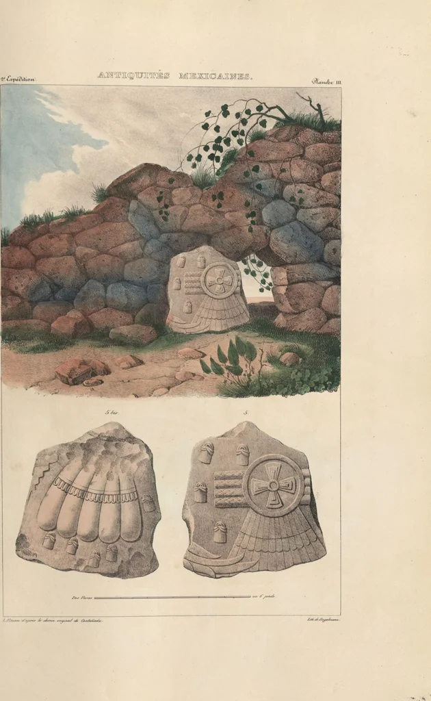 An illustration from Antiquités mexicaines : relation des trois expéditions du capitaine Dupaix, ordonnées en 1805, 1806, et 1807, pour la recherche des antiquités du pays, notamment celles de Mitla et de Palenque : [atlas] / accompagnée des dessins de Castañeda et d'une carte du pays exploré ; suivie d'un parallèle de ces monuments avec ceux de l'Égypte, de l'Indostan, et du reste de l'ancien monde, par M. Alexandre Lenoir, d'une dissertation sur l'origine de l'ancienne population des deux Amériques et sur les diverses antiquités de ce continent, par M. Warden, avec un discours préliminaire par M. Charles Farcy, et des notes explicatives, et autres documents, par MM. Baradère, de St. Priest, et plusieurs voyageurs que ont parcouru l'Amérique, 1834, leaf 39