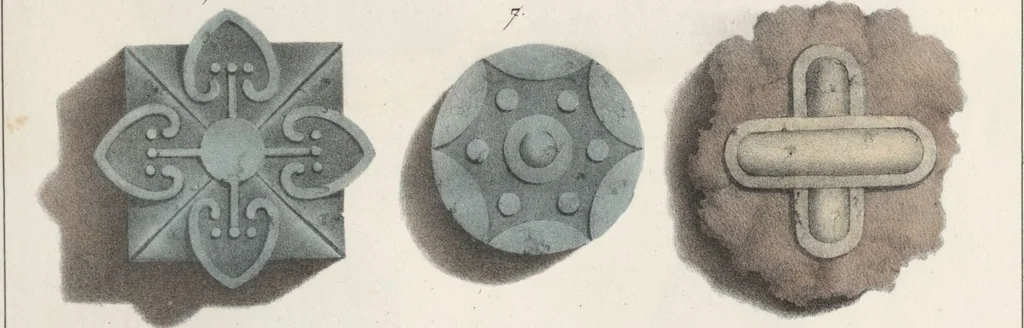 An illustration from Antiquités mexicaines : relation des trois expéditions du capitaine Dupaix, ordonnées en 1805, 1806, et 1807, pour la recherche des antiquités du pays, notamment celles de Mitla et de Palenque : [atlas] / accompagnée des dessins de Castañeda et d'une carte du pays exploré ; suivie d'un parallèle de ces monuments avec ceux de l'Égypte, de l'Indostan, et du reste de l'ancien monde, par M. Alexandre Lenoir, d'une dissertation sur l'origine de l'ancienne population des deux Amériques et sur les diverses antiquités de ce continent, par M. Warden, avec un discours préliminaire par M. Charles Farcy, et des notes explicatives, et autres documents, par MM. Baradère, de St. Priest, et plusieurs voyageurs que ont parcouru l'Amérique, 1834, leaf 40