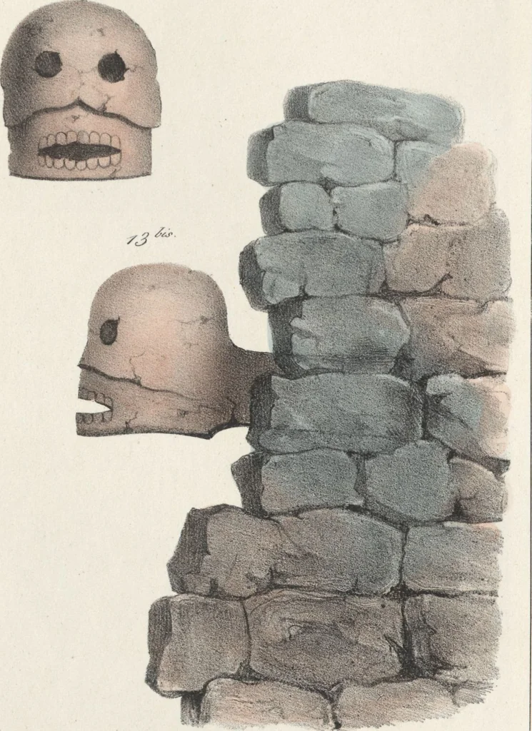 An illustration from Antiquités mexicaines : relation des trois expéditions du capitaine Dupaix, ordonnées en 1805, 1806, et 1807, pour la recherche des antiquités du pays, notamment celles de Mitla et de Palenque : [atlas] / accompagnée des dessins de Castañeda et d'une carte du pays exploré ; suivie d'un parallèle de ces monuments avec ceux de l'Égypte, de l'Indostan, et du reste de l'ancien monde, par M. Alexandre Lenoir, d'une dissertation sur l'origine de l'ancienne population des deux Amériques et sur les diverses antiquités de ce continent, par M. Warden, avec un discours préliminaire par M. Charles Farcy, et des notes explicatives, et autres documents, par MM. Baradère, de St. Priest, et plusieurs voyageurs que ont parcouru l'Amérique, 1834, leaf 42