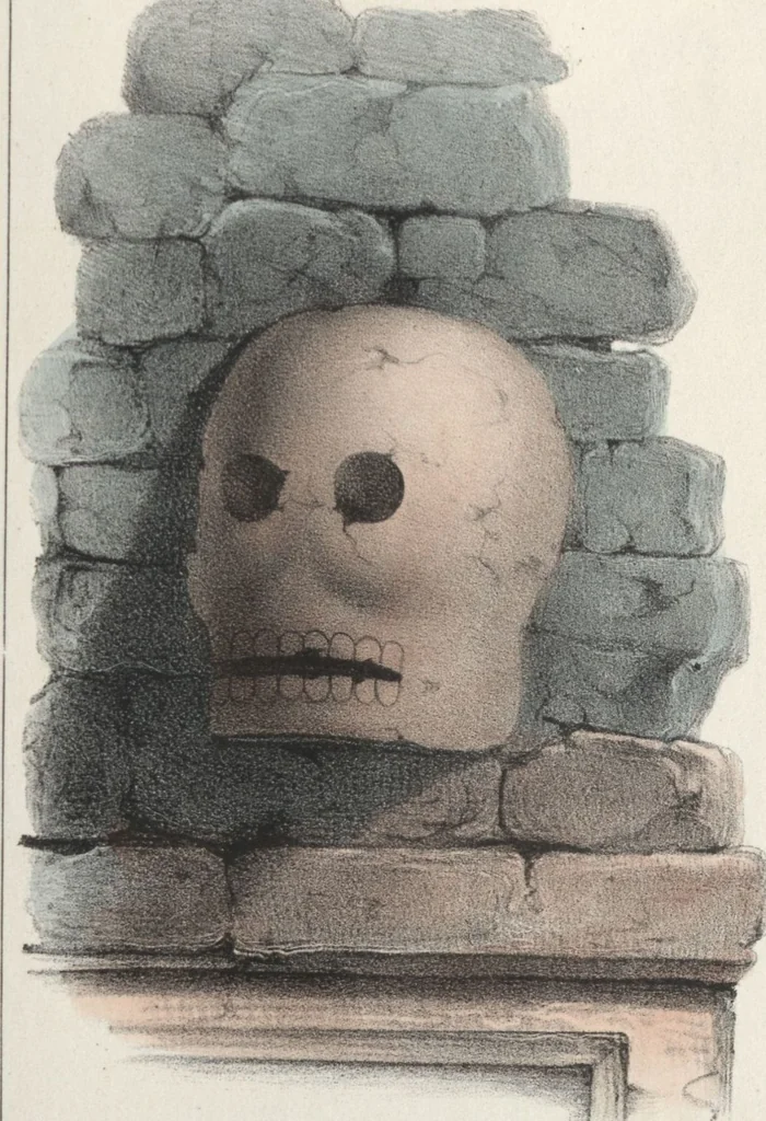 An illustration from Antiquités mexicaines : relation des trois expéditions du capitaine Dupaix, ordonnées en 1805, 1806, et 1807, pour la recherche des antiquités du pays, notamment celles de Mitla et de Palenque : [atlas] / accompagnée des dessins de Castañeda et d'une carte du pays exploré ; suivie d'un parallèle de ces monuments avec ceux de l'Égypte, de l'Indostan, et du reste de l'ancien monde, par M. Alexandre Lenoir, d'une dissertation sur l'origine de l'ancienne population des deux Amériques et sur les diverses antiquités de ce continent, par M. Warden, avec un discours préliminaire par M. Charles Farcy, et des notes explicatives, et autres documents, par MM. Baradère, de St. Priest, et plusieurs voyageurs que ont parcouru l'Amérique, 1834, leaf 42