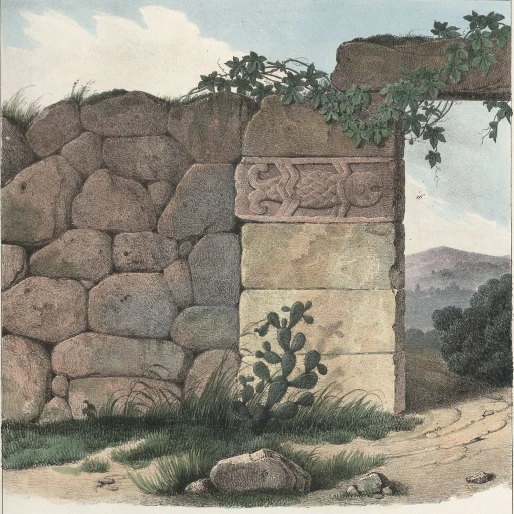 An illustration from Antiquités mexicaines : relation des trois expéditions du capitaine Dupaix, ordonnées en 1805, 1806, et 1807, pour la recherche des antiquités du pays, notamment celles de Mitla et de Palenque : [atlas] / accompagnée des dessins de Castañeda et d'une carte du pays exploré ; suivie d'un parallèle de ces monuments avec ceux de l'Égypte, de l'Indostan, et du reste de l'ancien monde, par M. Alexandre Lenoir, d'une dissertation sur l'origine de l'ancienne population des deux Amériques et sur les diverses antiquités de ce continent, par M. Warden, avec un discours préliminaire par M. Charles Farcy, et des notes explicatives, et autres documents, par MM. Baradère, de St. Priest, et plusieurs voyageurs que ont parcouru l'Amérique, 1834, leaf 43