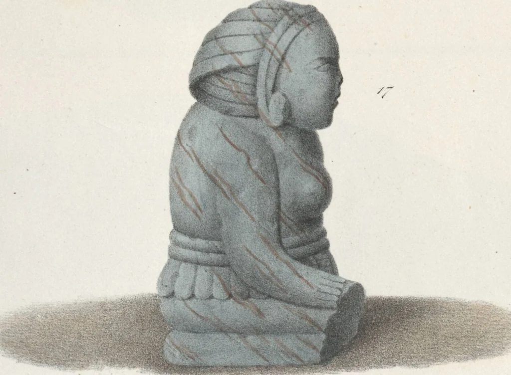 An illustration from Antiquités mexicaines : relation des trois expéditions du capitaine Dupaix, ordonnées en 1805, 1806, et 1807, pour la recherche des antiquités du pays, notamment celles de Mitla et de Palenque : [atlas] / accompagnée des dessins de Castañeda et d'une carte du pays exploré ; suivie d'un parallèle de ces monuments avec ceux de l'Égypte, de l'Indostan, et du reste de l'ancien monde, par M. Alexandre Lenoir, d'une dissertation sur l'origine de l'ancienne population des deux Amériques et sur les diverses antiquités de ce continent, par M. Warden, avec un discours préliminaire par M. Charles Farcy, et des notes explicatives, et autres documents, par MM. Baradère, de St. Priest, et plusieurs voyageurs que ont parcouru l'Amérique, 1834, leaf 43