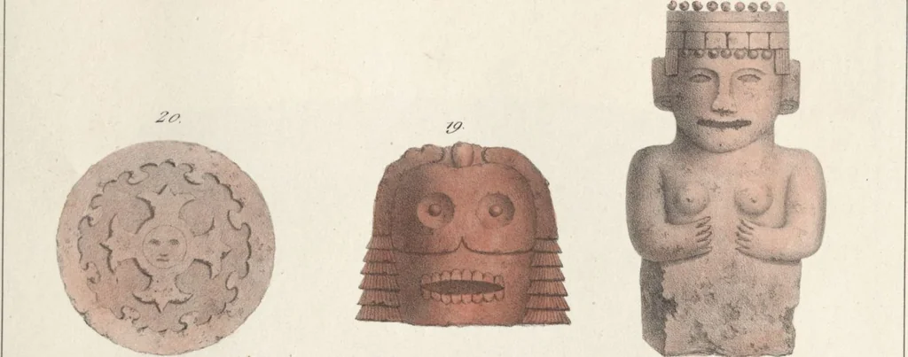 An illustration from Antiquités mexicaines : relation des trois expéditions du capitaine Dupaix, ordonnées en 1805, 1806, et 1807, pour la recherche des antiquités du pays, notamment celles de Mitla et de Palenque : [atlas] / accompagnée des dessins de Castañeda et d'une carte du pays exploré ; suivie d'un parallèle de ces monuments avec ceux de l'Égypte, de l'Indostan, et du reste de l'ancien monde, par M. Alexandre Lenoir, d'une dissertation sur l'origine de l'ancienne population des deux Amériques et sur les diverses antiquités de ce continent, par M. Warden, avec un discours préliminaire par M. Charles Farcy, et des notes explicatives, et autres documents, par MM. Baradère, de St. Priest, et plusieurs voyageurs que ont parcouru l'Amérique, 1834, leaf 44