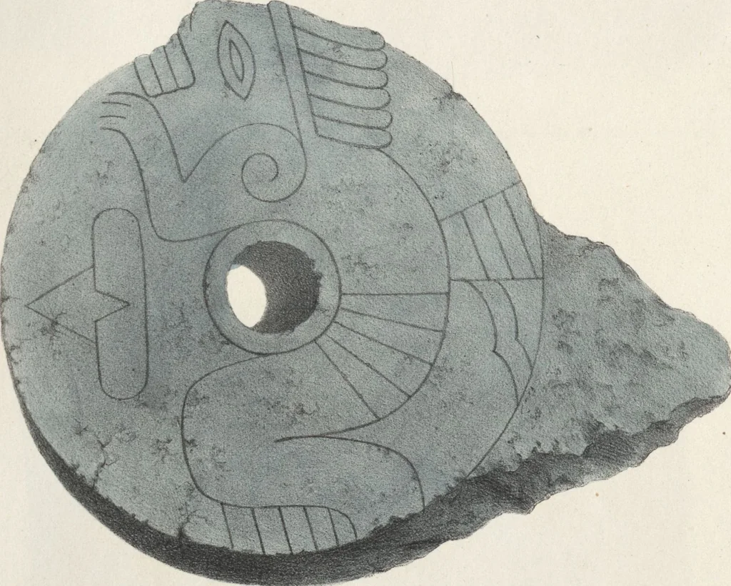 An illustration from Antiquités mexicaines : relation des trois expéditions du capitaine Dupaix, ordonnées en 1805, 1806, et 1807, pour la recherche des antiquités du pays, notamment celles de Mitla et de Palenque : [atlas] / accompagnée des dessins de Castañeda et d'une carte du pays exploré ; suivie d'un parallèle de ces monuments avec ceux de l'Égypte, de l'Indostan, et du reste de l'ancien monde, par M. Alexandre Lenoir, d'une dissertation sur l'origine de l'ancienne population des deux Amériques et sur les diverses antiquités de ce continent, par M. Warden, avec un discours préliminaire par M. Charles Farcy, et des notes explicatives, et autres documents, par MM. Baradère, de St. Priest, et plusieurs voyageurs que ont parcouru l'Amérique, 1834, leaf 44