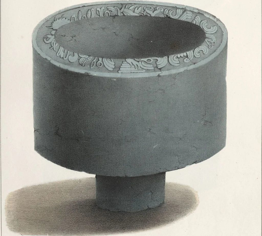 An illustration from Antiquités mexicaines : relation des trois expéditions du capitaine Dupaix, ordonnées en 1805, 1806, et 1807, pour la recherche des antiquités du pays, notamment celles de Mitla et de Palenque : [atlas] / accompagnée des dessins de Castañeda et d'une carte du pays exploré ; suivie d'un parallèle de ces monuments avec ceux de l'Égypte, de l'Indostan, et du reste de l'ancien monde, par M. Alexandre Lenoir, d'une dissertation sur l'origine de l'ancienne population des deux Amériques et sur les diverses antiquités de ce continent, par M. Warden, avec un discours préliminaire par M. Charles Farcy, et des notes explicatives, et autres documents, par MM. Baradère, de St. Priest, et plusieurs voyageurs que ont parcouru l'Amérique, 1834, leaf 46