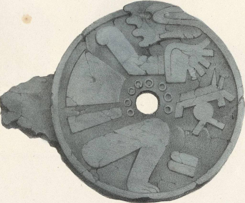 An illustration from Antiquités mexicaines : relation des trois expéditions du capitaine Dupaix, ordonnées en 1805, 1806, et 1807, pour la recherche des antiquités du pays, notamment celles de Mitla et de Palenque : [atlas] / accompagnée des dessins de Castañeda et d'une carte du pays exploré ; suivie d'un parallèle de ces monuments avec ceux de l'Égypte, de l'Indostan, et du reste de l'ancien monde, par M. Alexandre Lenoir, d'une dissertation sur l'origine de l'ancienne population des deux Amériques et sur les diverses antiquités de ce continent, par M. Warden, avec un discours préliminaire par M. Charles Farcy, et des notes explicatives, et autres documents, par MM. Baradère, de St. Priest, et plusieurs voyageurs que ont parcouru l'Amérique, 1834, leaf 47