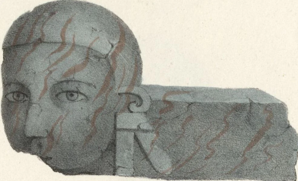 An illustration from Antiquités mexicaines : relation des trois expéditions du capitaine Dupaix, ordonnées en 1805, 1806, et 1807, pour la recherche des antiquités du pays, notamment celles de Mitla et de Palenque : [atlas] / accompagnée des dessins de Castañeda et d'une carte du pays exploré ; suivie d'un parallèle de ces monuments avec ceux de l'Égypte, de l'Indostan, et du reste de l'ancien monde, par M. Alexandre Lenoir, d'une dissertation sur l'origine de l'ancienne population des deux Amériques et sur les diverses antiquités de ce continent, par M. Warden, avec un discours préliminaire par M. Charles Farcy, et des notes explicatives, et autres documents, par MM. Baradère, de St. Priest, et plusieurs voyageurs que ont parcouru l'Amérique, 1834, leaf 48