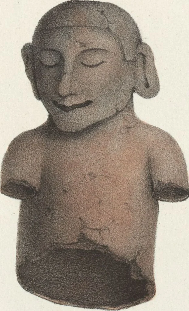 An illustration from Antiquités mexicaines : relation des trois expéditions du capitaine Dupaix, ordonnées en 1805, 1806, et 1807, pour la recherche des antiquités du pays, notamment celles de Mitla et de Palenque : [atlas] / accompagnée des dessins de Castañeda et d'une carte du pays exploré ; suivie d'un parallèle de ces monuments avec ceux de l'Égypte, de l'Indostan, et du reste de l'ancien monde, par M. Alexandre Lenoir, d'une dissertation sur l'origine de l'ancienne population des deux Amériques et sur les diverses antiquités de ce continent, par M. Warden, avec un discours préliminaire par M. Charles Farcy, et des notes explicatives, et autres documents, par MM. Baradère, de St. Priest, et plusieurs voyageurs que ont parcouru l'Amérique, 1834, leaf 48
