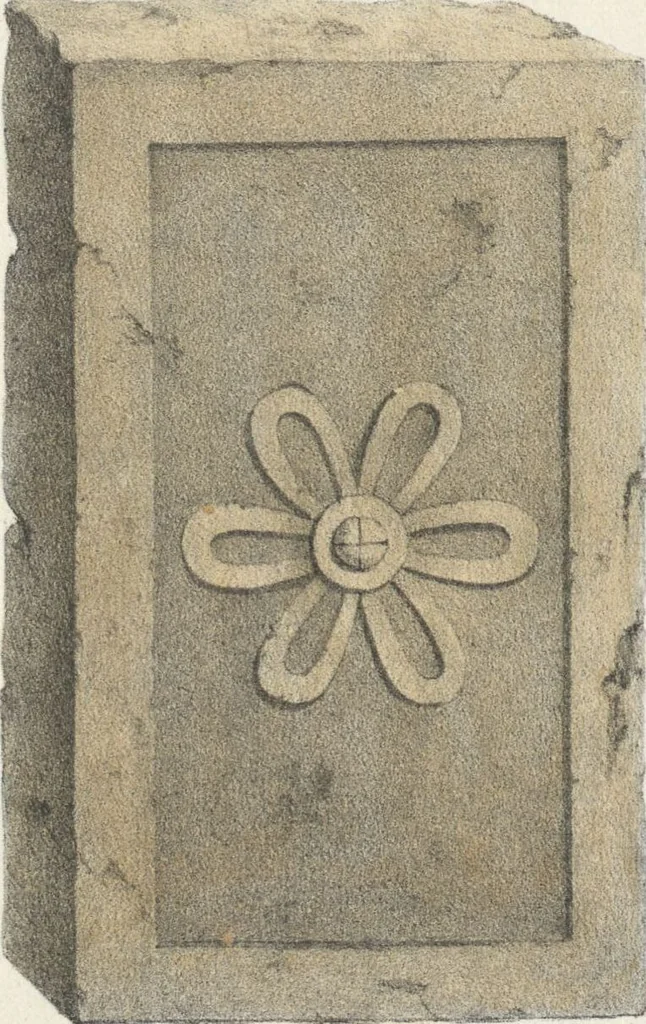 An illustration from Antiquités mexicaines : relation des trois expéditions du capitaine Dupaix, ordonnées en 1805, 1806, et 1807, pour la recherche des antiquités du pays, notamment celles de Mitla et de Palenque : [atlas] / accompagnée des dessins de Castañeda et d'une carte du pays exploré ; suivie d'un parallèle de ces monuments avec ceux de l'Égypte, de l'Indostan, et du reste de l'ancien monde, par M. Alexandre Lenoir, d'une dissertation sur l'origine de l'ancienne population des deux Amériques et sur les diverses antiquités de ce continent, par M. Warden, avec un discours préliminaire par M. Charles Farcy, et des notes explicatives, et autres documents, par MM. Baradère, de St. Priest, et plusieurs voyageurs que ont parcouru l'Amérique, 1834, leaf 49