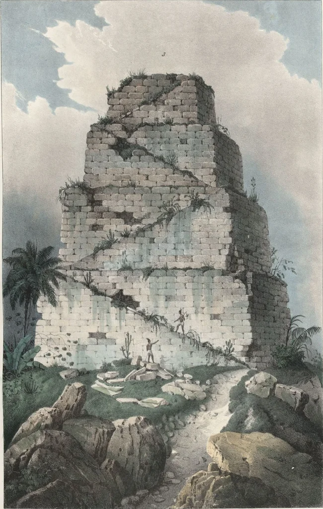 An illustration from Antiquités mexicaines : relation des trois expéditions du capitaine Dupaix, ordonnées en 1805, 1806, et 1807, pour la recherche des antiquités du pays, notamment celles de Mitla et de Palenque : [atlas] / accompagnée des dessins de Castañeda et d'une carte du pays exploré ; suivie d'un parallèle de ces monuments avec ceux de l'Égypte, de l'Indostan, et du reste de l'ancien monde, par M. Alexandre Lenoir, d'une dissertation sur l'origine de l'ancienne population des deux Amériques et sur les diverses antiquités de ce continent, par M. Warden, avec un discours préliminaire par M. Charles Farcy, et des notes explicatives, et autres documents, par MM. Baradère, de St. Priest, et plusieurs voyageurs que ont parcouru l'Amérique, 1834, leaf 5