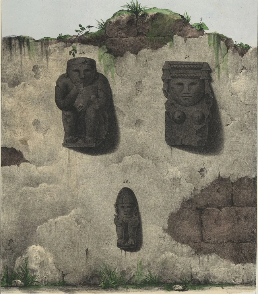 An illustration from Antiquités mexicaines : relation des trois expéditions du capitaine Dupaix, ordonnées en 1805, 1806, et 1807, pour la recherche des antiquités du pays, notamment celles de Mitla et de Palenque : [atlas] / accompagnée des dessins de Castañeda et d'une carte du pays exploré ; suivie d'un parallèle de ces monuments avec ceux de l'Égypte, de l'Indostan, et du reste de l'ancien monde, par M. Alexandre Lenoir, d'une dissertation sur l'origine de l'ancienne population des deux Amériques et sur les diverses antiquités de ce continent, par M. Warden, avec un discours préliminaire par M. Charles Farcy, et des notes explicatives, et autres documents, par MM. Baradère, de St. Priest, et plusieurs voyageurs que ont parcouru l'Amérique, 1834, leaf 50