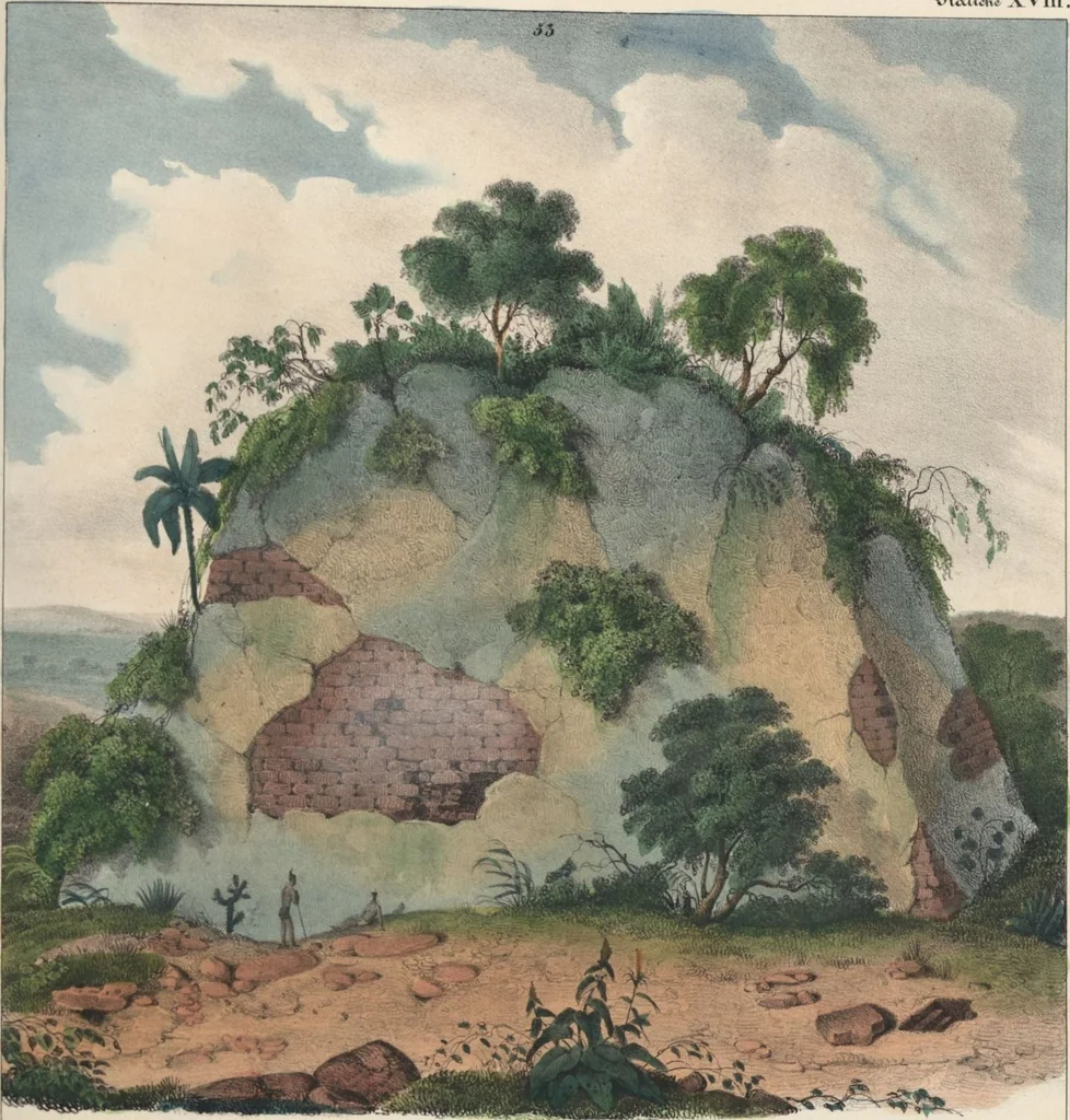 An illustration from Antiquités mexicaines : relation des trois expéditions du capitaine Dupaix, ordonnées en 1805, 1806, et 1807, pour la recherche des antiquités du pays, notamment celles de Mitla et de Palenque : [atlas] / accompagnée des dessins de Castañeda et d'une carte du pays exploré ; suivie d'un parallèle de ces monuments avec ceux de l'Égypte, de l'Indostan, et du reste de l'ancien monde, par M. Alexandre Lenoir, d'une dissertation sur l'origine de l'ancienne population des deux Amériques et sur les diverses antiquités de ce continent, par M. Warden, avec un discours préliminaire par M. Charles Farcy, et des notes explicatives, et autres documents, par MM. Baradère, de St. Priest, et plusieurs voyageurs que ont parcouru l'Amérique, 1834, leaf 54