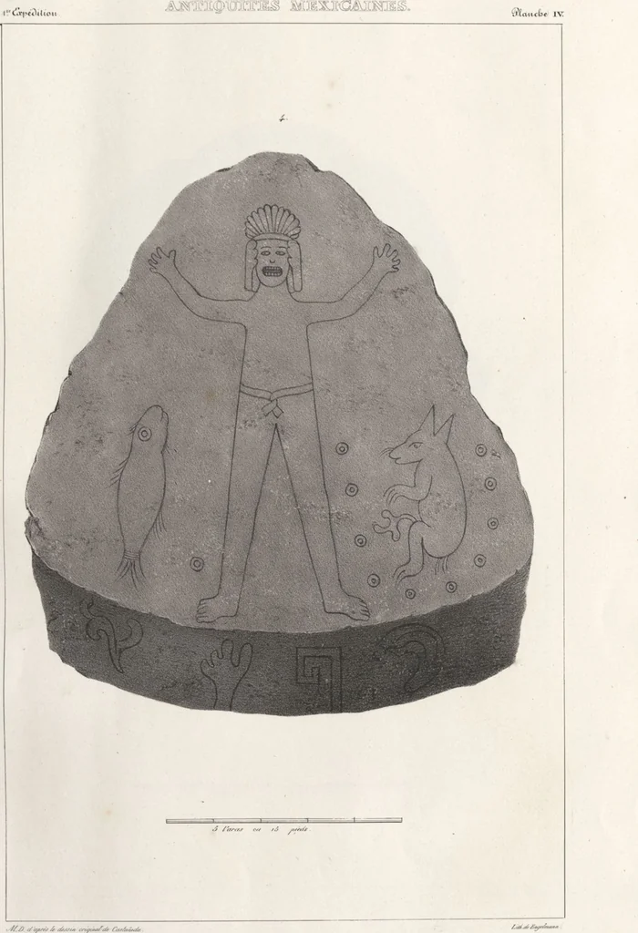 An illustration from Antiquités mexicaines : relation des trois expéditions du capitaine Dupaix, ordonnées en 1805, 1806, et 1807, pour la recherche des antiquités du pays, notamment celles de Mitla et de Palenque : [atlas] / accompagnée des dessins de Castañeda et d'une carte du pays exploré ; suivie d'un parallèle de ces monuments avec ceux de l'Égypte, de l'Indostan, et du reste de l'ancien monde, par M. Alexandre Lenoir, d'une dissertation sur l'origine de l'ancienne population des deux Amériques et sur les diverses antiquités de ce continent, par M. Warden, avec un discours préliminaire par M. Charles Farcy, et des notes explicatives, et autres documents, par MM. Baradère, de St. Priest, et plusieurs voyageurs que ont parcouru l'Amérique, 1834, leaf 6