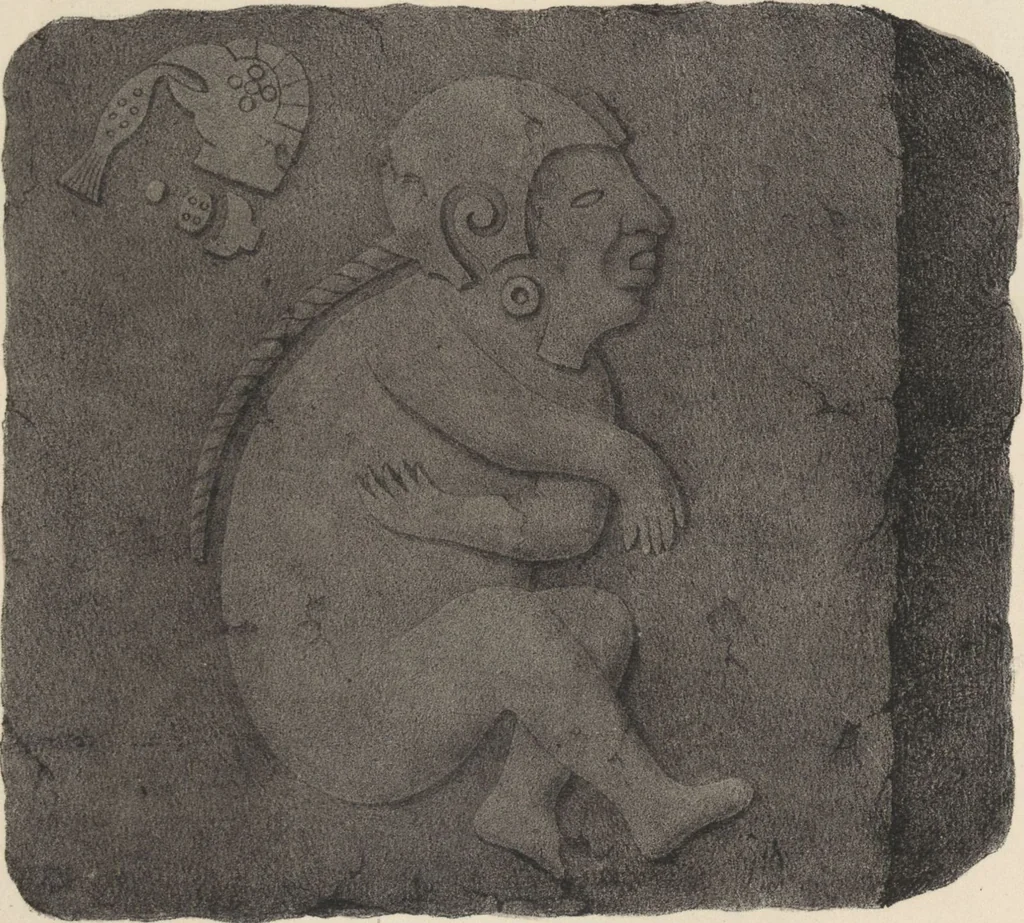 An illustration from Antiquités mexicaines : relation des trois expéditions du capitaine Dupaix, ordonnées en 1805, 1806, et 1807, pour la recherche des antiquités du pays, notamment celles de Mitla et de Palenque : [atlas] / accompagnée des dessins de Castañeda et d'une carte du pays exploré ; suivie d'un parallèle de ces monuments avec ceux de l'Égypte, de l'Indostan, et du reste de l'ancien monde, par M. Alexandre Lenoir, d'une dissertation sur l'origine de l'ancienne population des deux Amériques et sur les diverses antiquités de ce continent, par M. Warden, avec un discours préliminaire par M. Charles Farcy, et des notes explicatives, et autres documents, par MM. Baradère, de St. Priest, et plusieurs voyageurs que ont parcouru l'Amérique, 1834, leaf 60