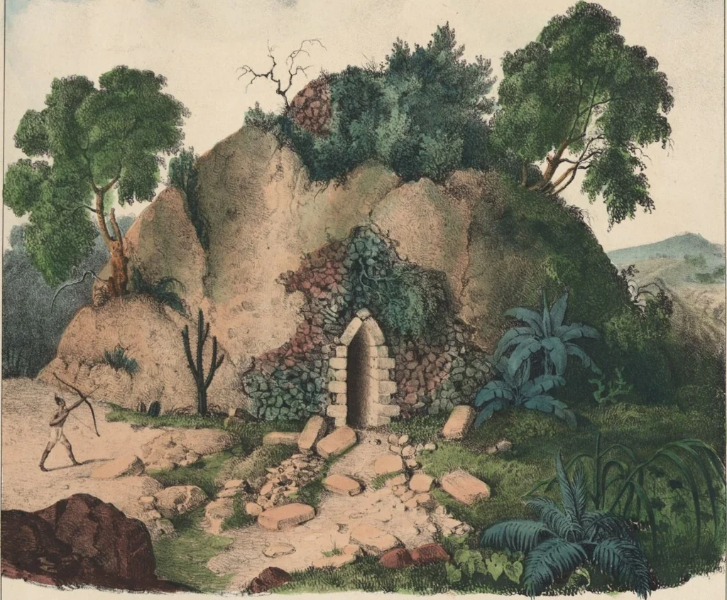 An illustration from Antiquités mexicaines : relation des trois expéditions du capitaine Dupaix, ordonnées en 1805, 1806, et 1807, pour la recherche des antiquités du pays, notamment celles de Mitla et de Palenque : [atlas] / accompagnée des dessins de Castañeda et d'une carte du pays exploré ; suivie d'un parallèle de ces monuments avec ceux de l'Égypte, de l'Indostan, et du reste de l'ancien monde, par M. Alexandre Lenoir, d'une dissertation sur l'origine de l'ancienne population des deux Amériques et sur les diverses antiquités de ce continent, par M. Warden, avec un discours préliminaire par M. Charles Farcy, et des notes explicatives, et autres documents, par MM. Baradère, de St. Priest, et plusieurs voyageurs que ont parcouru l'Amérique, 1834, leaf 61