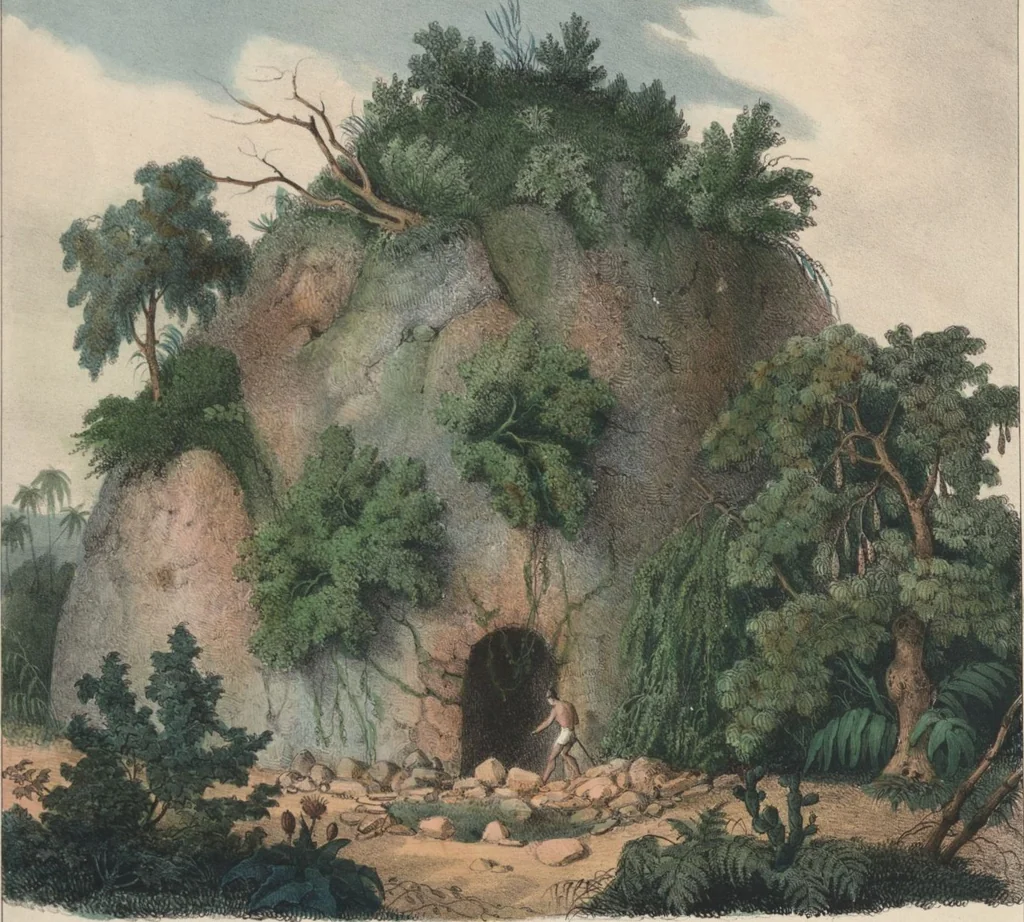 An illustration from Antiquités mexicaines : relation des trois expéditions du capitaine Dupaix, ordonnées en 1805, 1806, et 1807, pour la recherche des antiquités du pays, notamment celles de Mitla et de Palenque : [atlas] / accompagnée des dessins de Castañeda et d'une carte du pays exploré ; suivie d'un parallèle de ces monuments avec ceux de l'Égypte, de l'Indostan, et du reste de l'ancien monde, par M. Alexandre Lenoir, d'une dissertation sur l'origine de l'ancienne population des deux Amériques et sur les diverses antiquités de ce continent, par M. Warden, avec un discours préliminaire par M. Charles Farcy, et des notes explicatives, et autres documents, par MM. Baradère, de St. Priest, et plusieurs voyageurs que ont parcouru l'Amérique, 1834, leaf 63