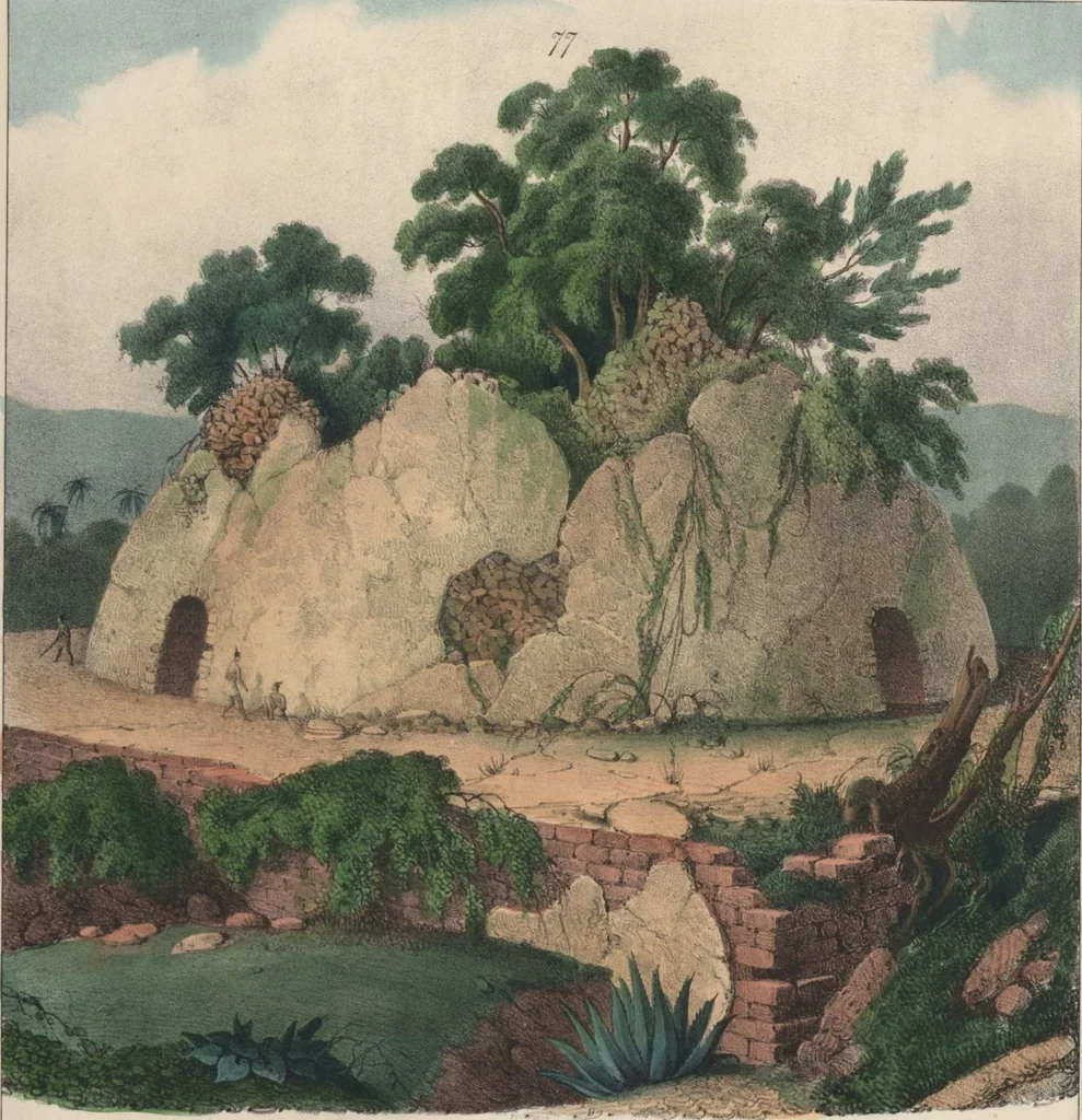 An illustration from Antiquités mexicaines : relation des trois expéditions du capitaine Dupaix, ordonnées en 1805, 1806, et 1807, pour la recherche des antiquités du pays, notamment celles de Mitla et de Palenque : [atlas] / accompagnée des dessins de Castañeda et d'une carte du pays exploré ; suivie d'un parallèle de ces monuments avec ceux de l'Égypte, de l'Indostan, et du reste de l'ancien monde, par M. Alexandre Lenoir, d'une dissertation sur l'origine de l'ancienne population des deux Amériques et sur les diverses antiquités de ce continent, par M. Warden, avec un discours préliminaire par M. Charles Farcy, et des notes explicatives, et autres documents, par MM. Baradère, de St. Priest, et plusieurs voyageurs que ont parcouru l'Amérique, 1834, leaf 64